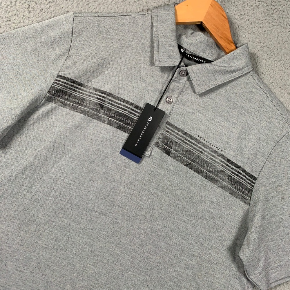 TravisMathew Cliffside Course Polo Mens Medium M Grey Short Sleeve Striped Golf